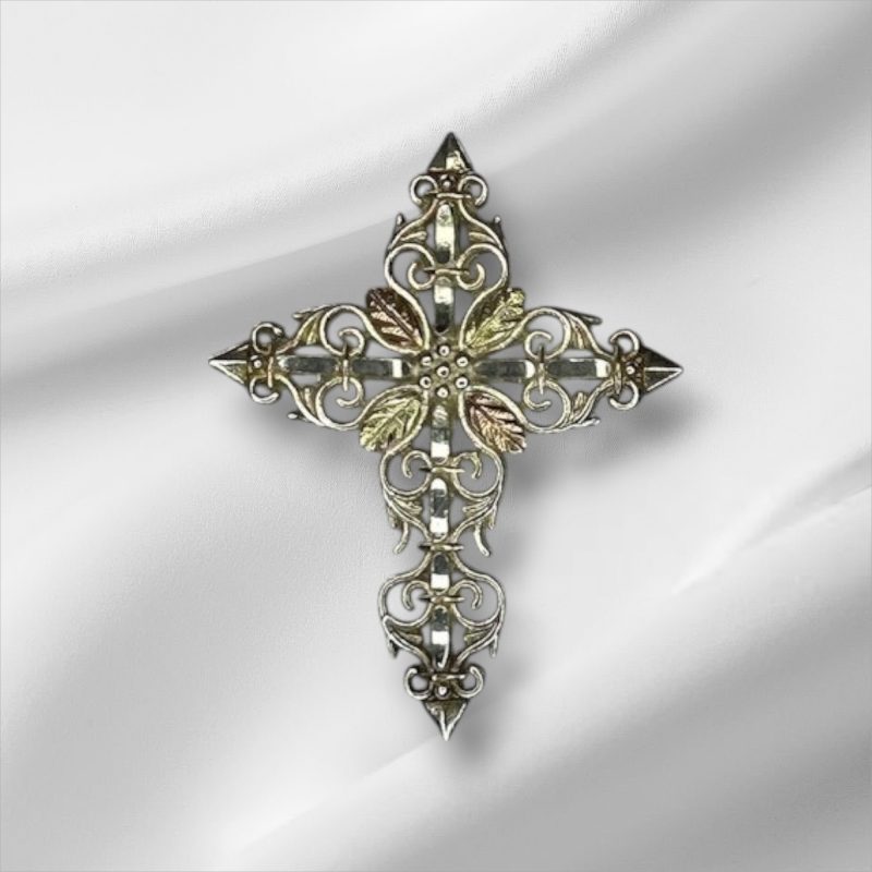Black Hills Gold Sterling & 12K Gold Cross Pendant 1"