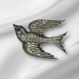Sterling Silver Bird Pin/Brooch w/ Red Stone In The Eye 1"