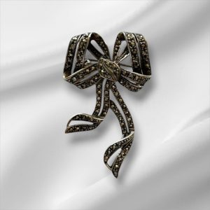Sterling Silver Ribbon Pendant w/Marcasite Stones 2"