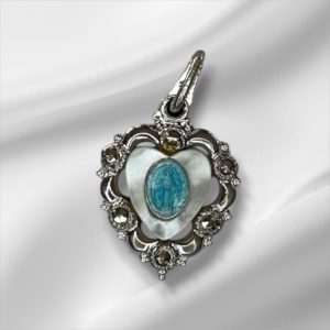 Sterling Silver Heart Mother of Pearl Pendant w/Blue Stone & Mother of Mary 1" x 1/2"
