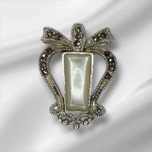 Sterling Silver Ribbon Frame Inlay Mother of Pearl & Marcasite Pendant 1" x 3/4"