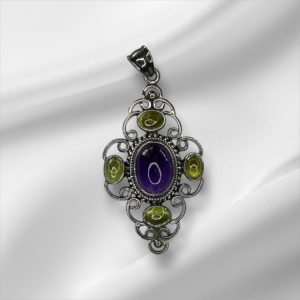 Vintage Sterling Silver Pendant w/Purple & Green Stones 2 1/8" x 1"
