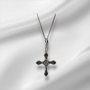 Sterling Silver Cross Necklace w/CZ Stone & Marcasites 16"