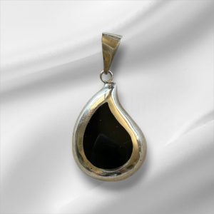 Mexico Black and Silver Curved Teardrop Pendant 2" x 1"