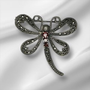 Sterling Silver Dragonfly Pin/Brooch w/ 3 Red Stones & Marcasite 1.5"