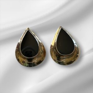 Late 20th Century Gold Over Sterling Silver Pierced Earrings w/Black Stone 1"