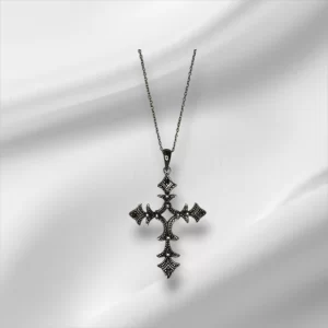 Sterling Silver & Marcasite Necklace w/Cross Pendant 1.5" x 1"