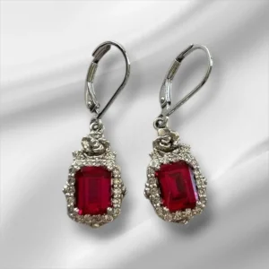Gorgeous Sterling Silver CZ and Red Gemstone Pierced Earrings 1.25" x 1/4"