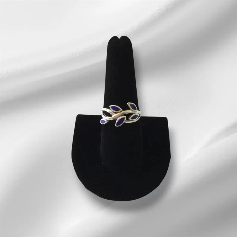 Sterling Silver w/Blue Enamel Leaf Pattern Ring - Size 8