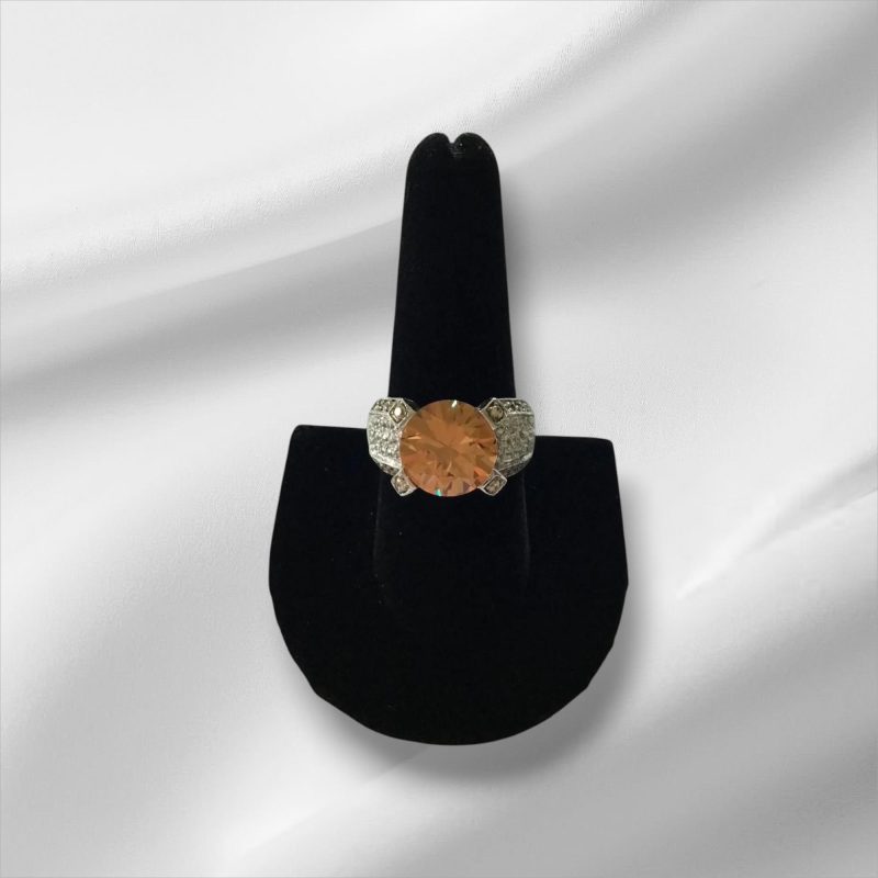 Gorgeous Sterling Silver High Mount Ring w/Amber CZ, Size 9