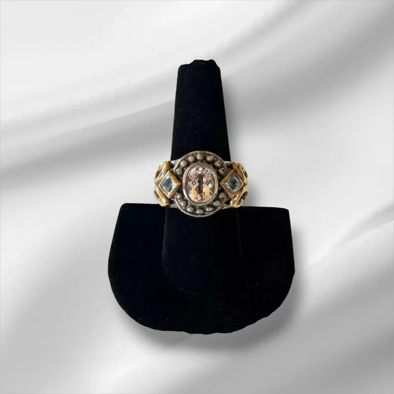 14KT Yellow Gold and Sterling Ring, With Oval Morganite & 2 Blue Topaz Stones, Size 10