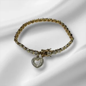 Stunning Gold Tone Over Sterling Silver Diamond (Real) Bracelet w/Heart Charm 7”