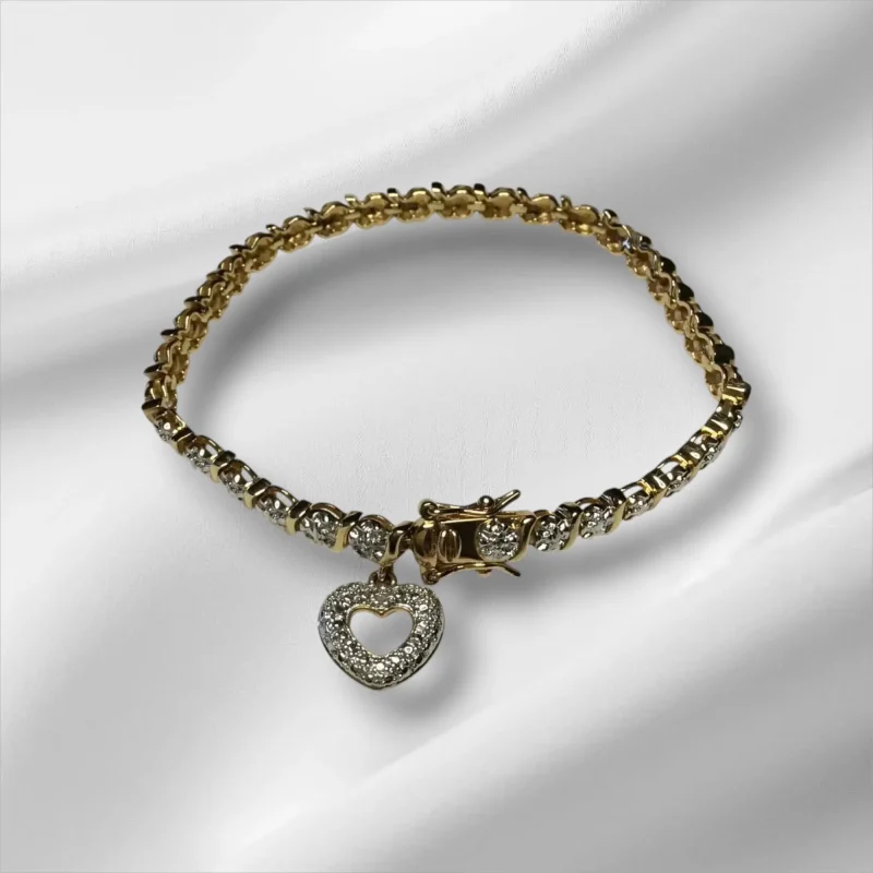 Stunning Gold Tone Over Sterling Silver Diamond (Real) Bracelet w/Heart Charm 7”