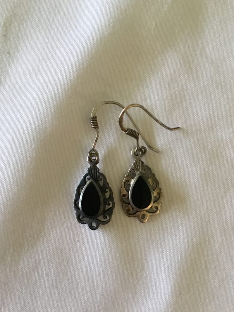 Sterling Silver Dangly Pierced Earrings w/Onyx - Image 2