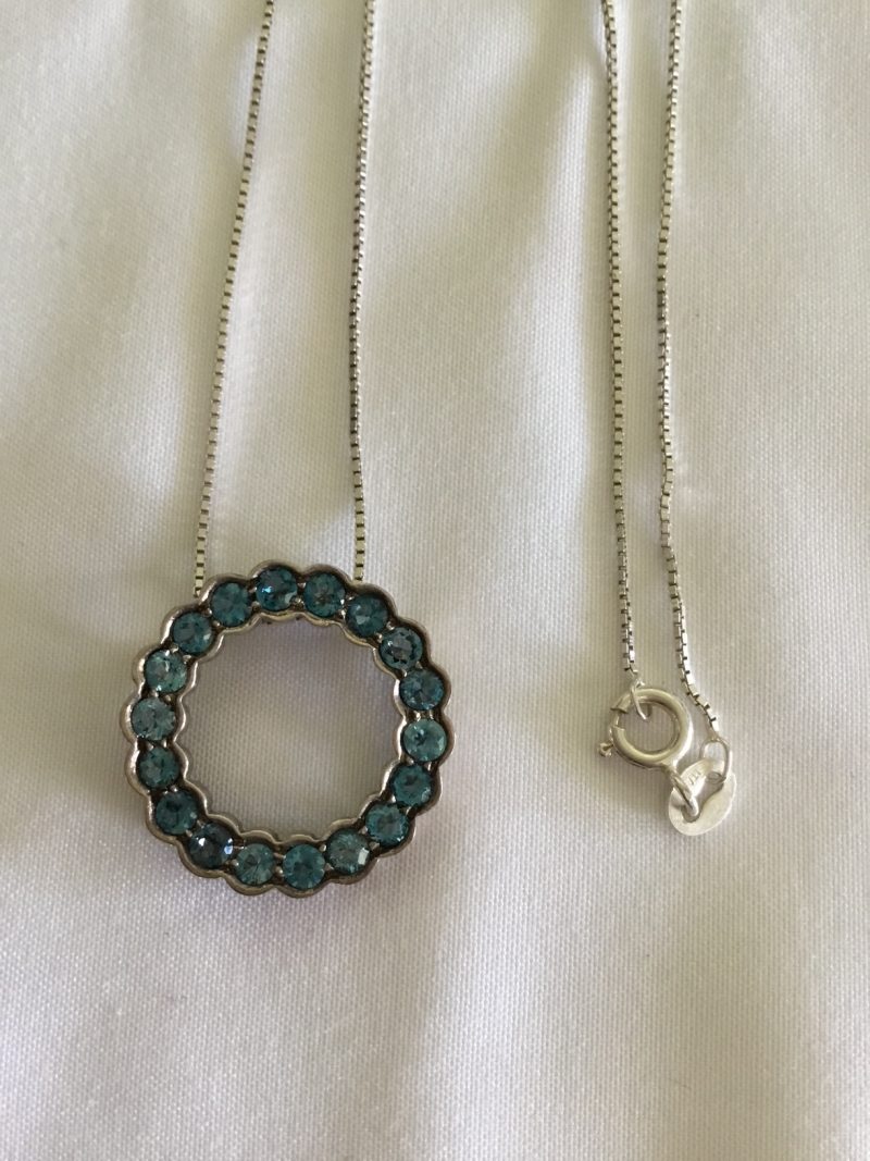 Sterling Silver Necklace w/Blue CZ Stone Circle Pendant 34" - Image 3