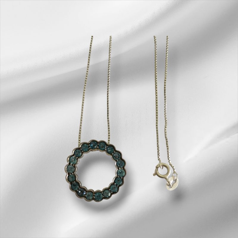 Sterling Silver Necklace w/Blue CZ Stone Circle Pendant 34"