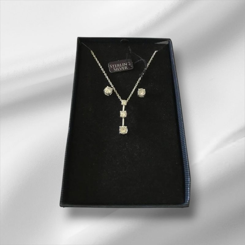 Sterling Silver Past, Present And Future CZ Pendant With CZ Stud Earrings