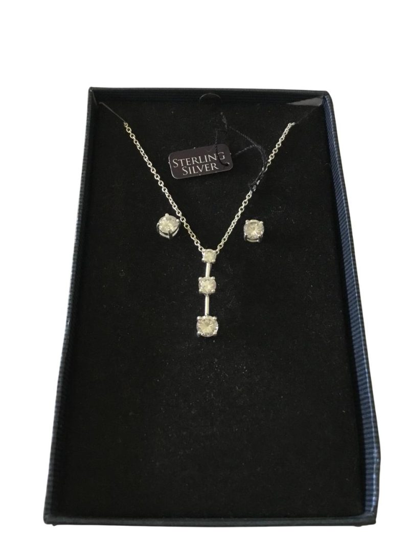 Sterling Silver Past, Present And Future CZ Pendant With CZ Stud Earrings - Image 2