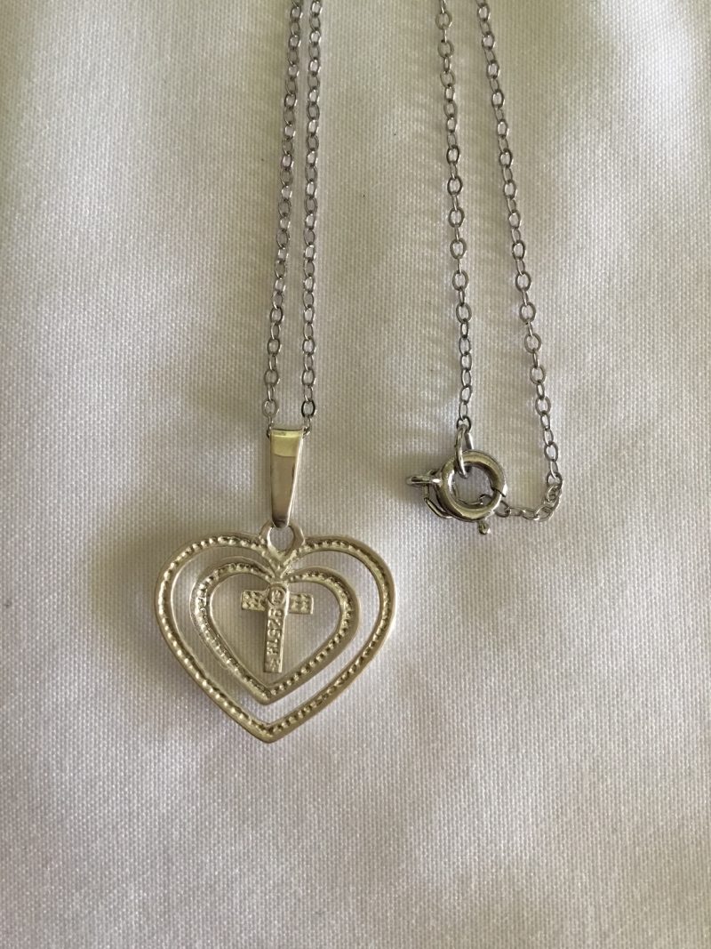 Sterling Silver Necklace w/Heart & Cross Pendant 16" - Image 2