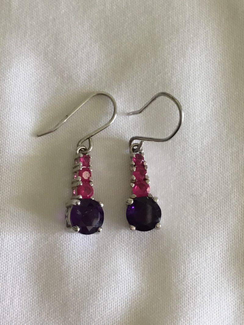 Sterling Silver Pierced Dangly Earrings w/Pink & Purple CZ Stones, 3/4" - Image 3