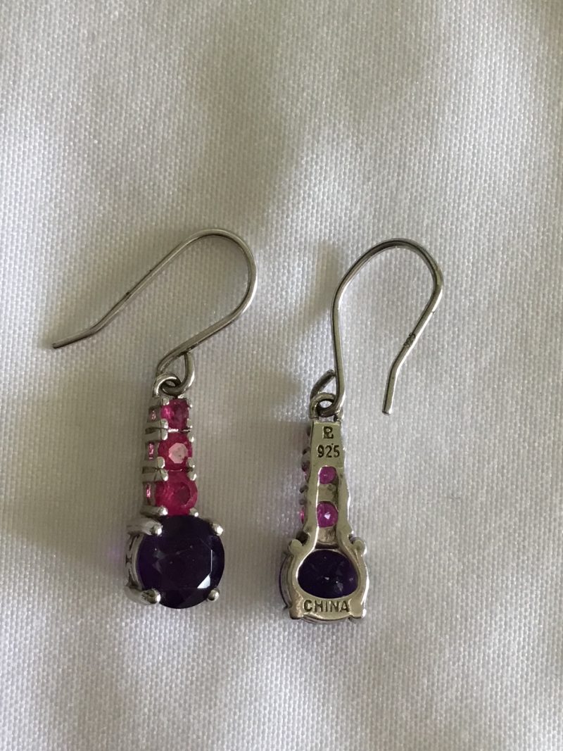Sterling Silver Pierced Dangly Earrings w/Pink & Purple CZ Stones, 3/4" - Image 2