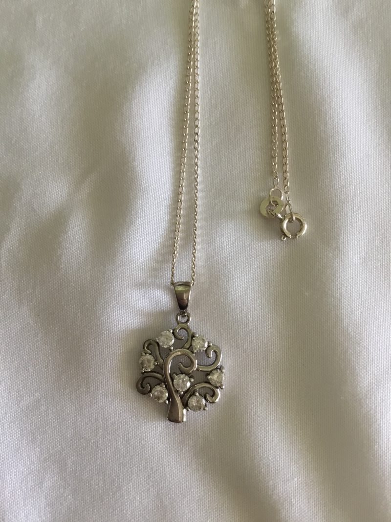 Sterling Silver Necklace w/Tree Design Pendant & 7 CZ Stones, 22" - Image 5