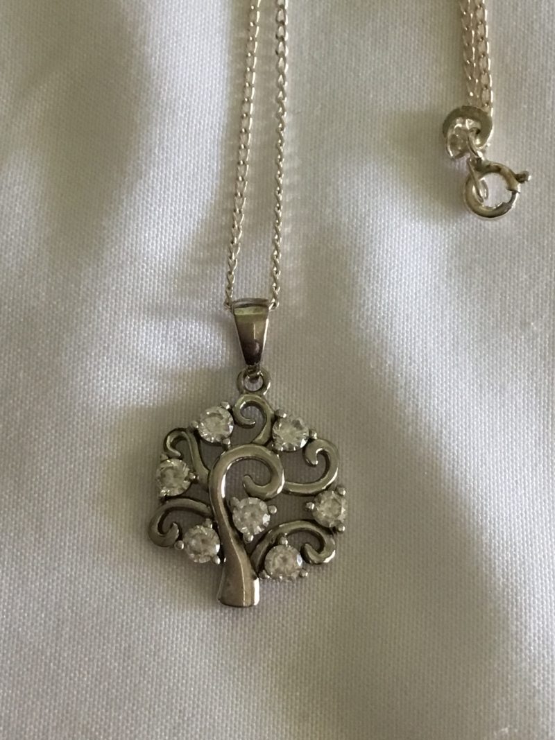 Sterling Silver Necklace w/Tree Design Pendant & 7 CZ Stones, 22" - Image 3