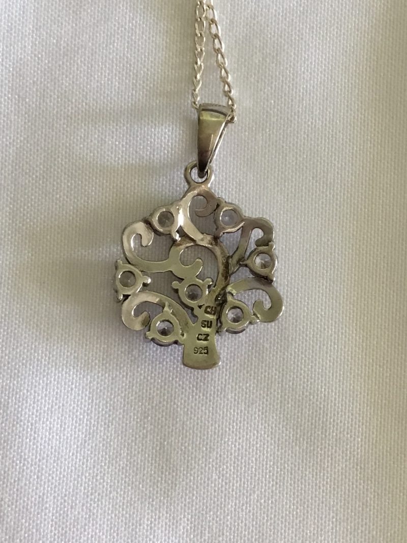 Sterling Silver Necklace w/Tree Design Pendant & 7 CZ Stones, 22" - Image 2