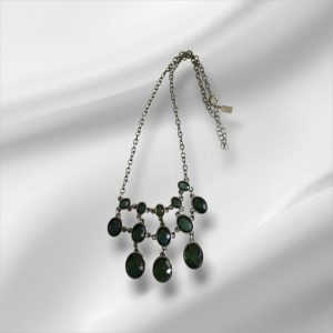 Vintage 1928 Jewelry Co. Silver Toned Necklace w/13 Oval Green Gemstones