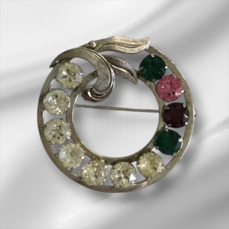 Sterling Silver Circle Brooch w/CZ Stones 1.25"