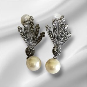 Vintage Sterling Silver & Marcasite Dangly Pierced Earrings w/Faux Pearl