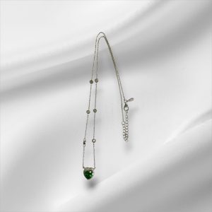 Beautiful Sterling Silver Heart Necklace w/Green & CZ Stones 16"-18"