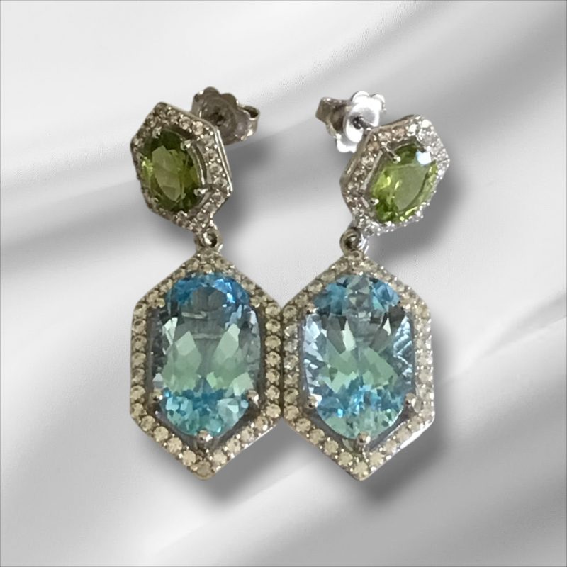 Stunning Sterling Silver Dangling Earrings w/Aqua, Light Green & CZ Stones