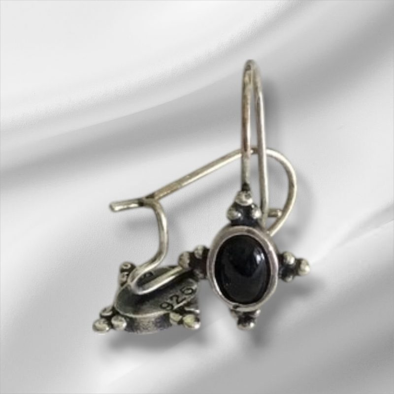 Sterling Silver Drop Pierced Earrings w/Black Stone 3/4"