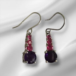 Sterling Silver Pierced Dangly Earrings w/Pink & Purple CZ Stones, 3/4"