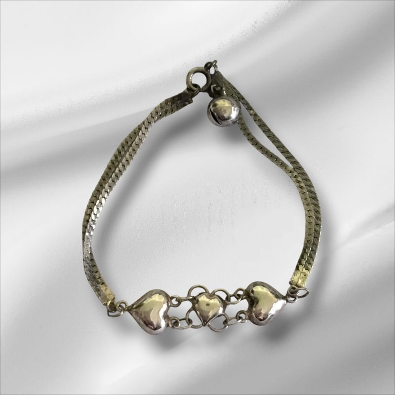 Sterling Silver Bracelet w/2 Hearts & A Bell 6"