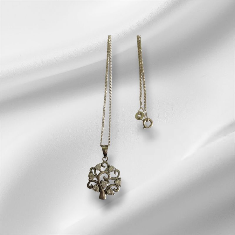 Sterling Silver Necklace w/Tree Design Pendant & 7 CZ Stones, 22"