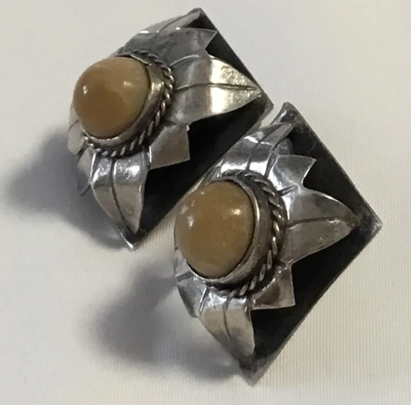 Unique Sterling Silver Clip-On Earrings w/Brown Gemstone - Image 3