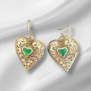 Vintage Sterling Silver Heart & Green Stone Dangling Earrings