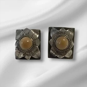 Unique Sterling Silver Clip-On Earrings w/Brown Gemstone