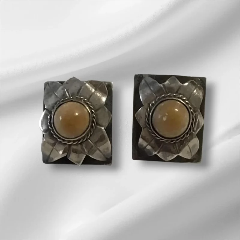 Unique Sterling Silver Clip-On Earrings w/Brown Gemstone