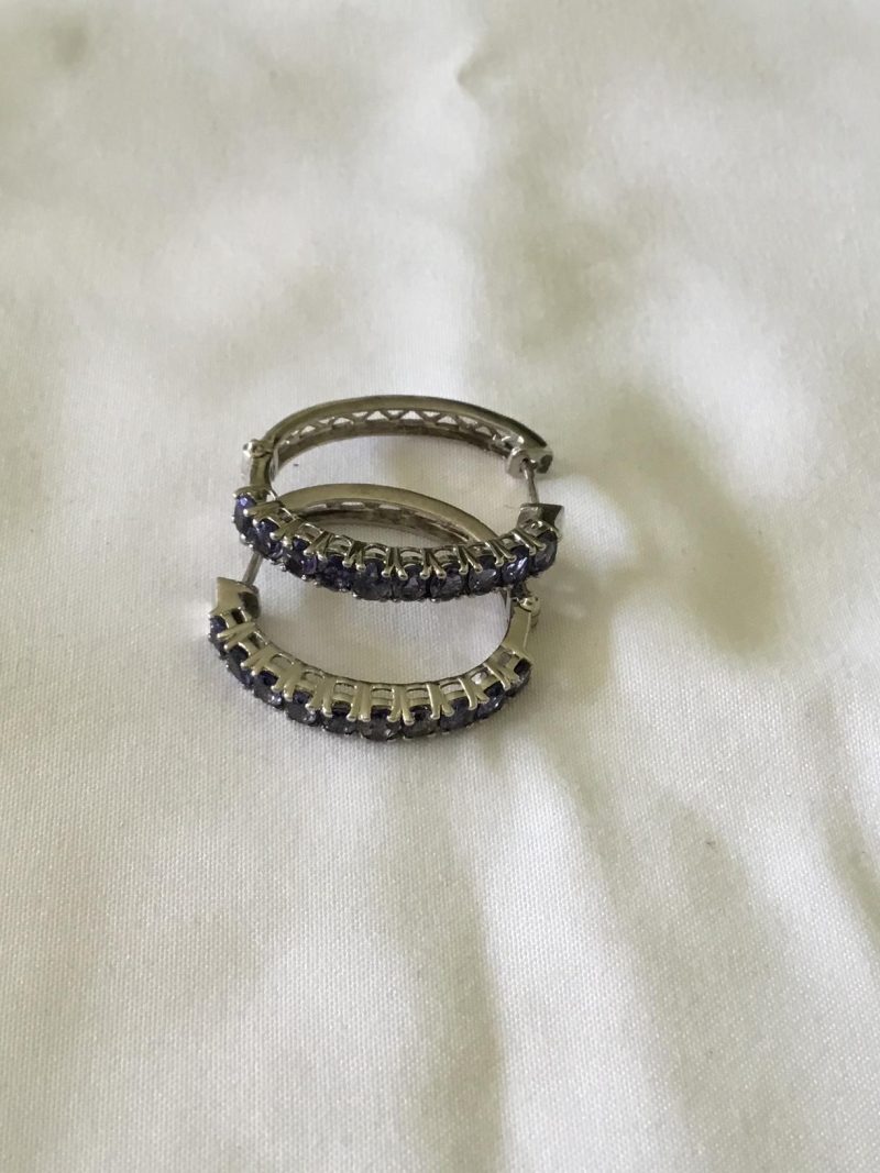 Sterling Silver Hoop Earrings For Pierced Ears W/10 Light Purple Stones In Each One - Image 2
