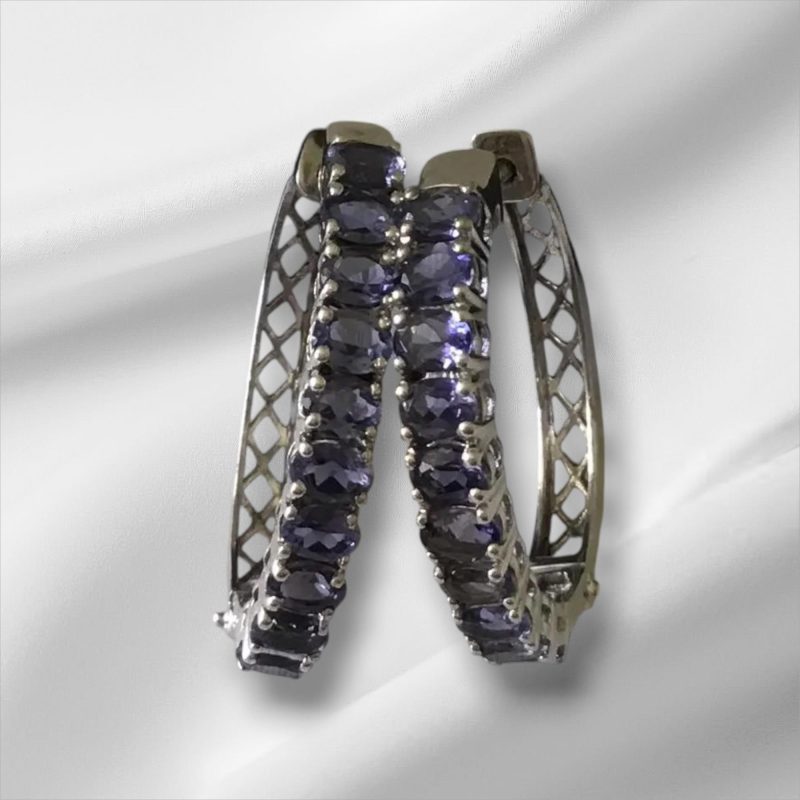 Sterling Silver Hoop Earrings For Pierced Ears W/10 Light Purple Stones In Each One