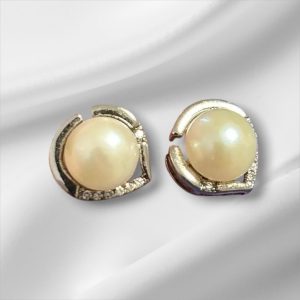 Vintage Sterling Silver Stud Earrings w/White Pearl and CZ Stones
