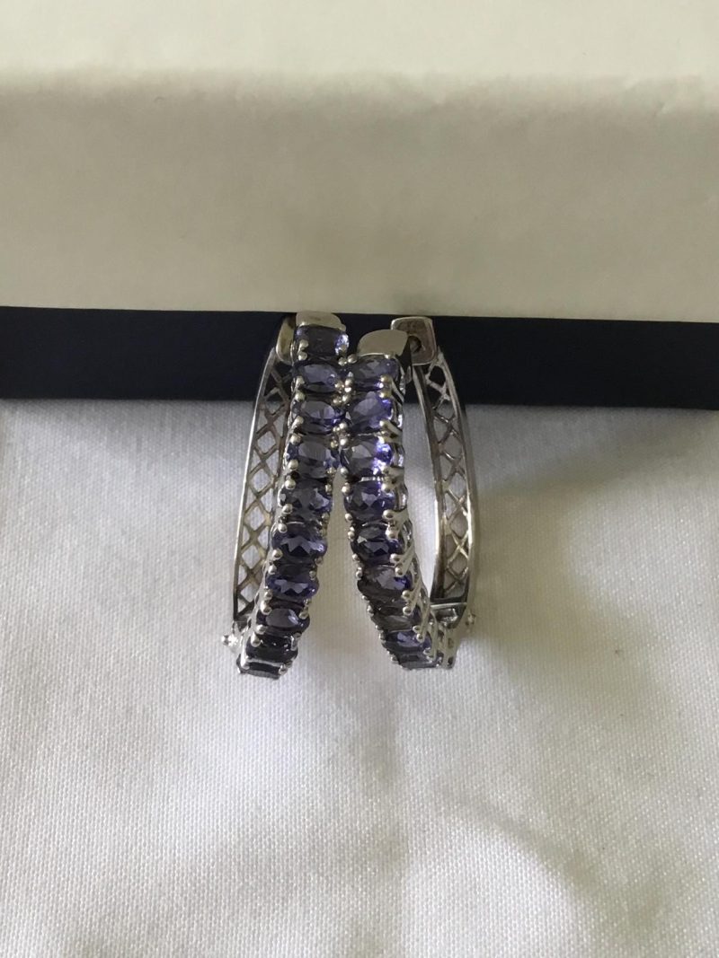 Sterling Silver Hoop Earrings For Pierced Ears W/10 Light Purple Stones In Each One - Image 4