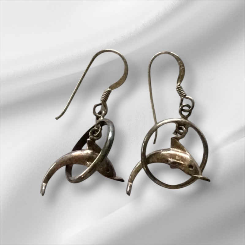 Sterling Silver Dangly Dolphin Pierced Earrings 1"