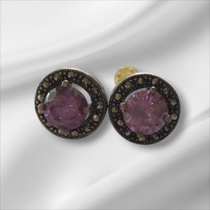Sterling Silver Pierced Purple & Marcasite Stud Earrings