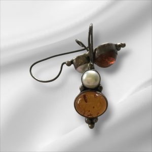 Vintage Sterling Silver Pierced Earrings w/Orange & Faux Pearl Stones 1"