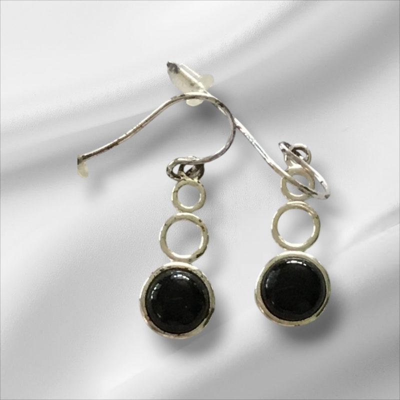 Sterling Silver Dangly Pierced Earrings w/Black Stone 1"