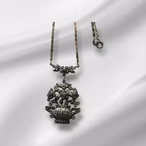 Sterling Silver Necklace w/Marcasite Flowers in a Vase Pendant 16"